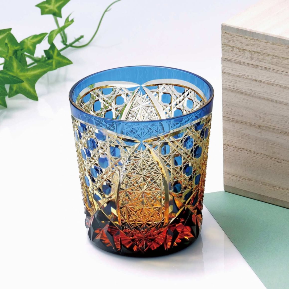 江戸切子 菊繋ぎに籠目紋 オールドグラス 琥珀ルリ