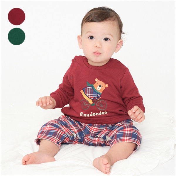 くまプリントチェック切替ロンパース・オール カバーオール｜子供服