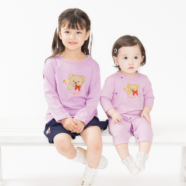 くま・さくらんぼプリント前開き長袖ロンパース カバーオール｜子供服