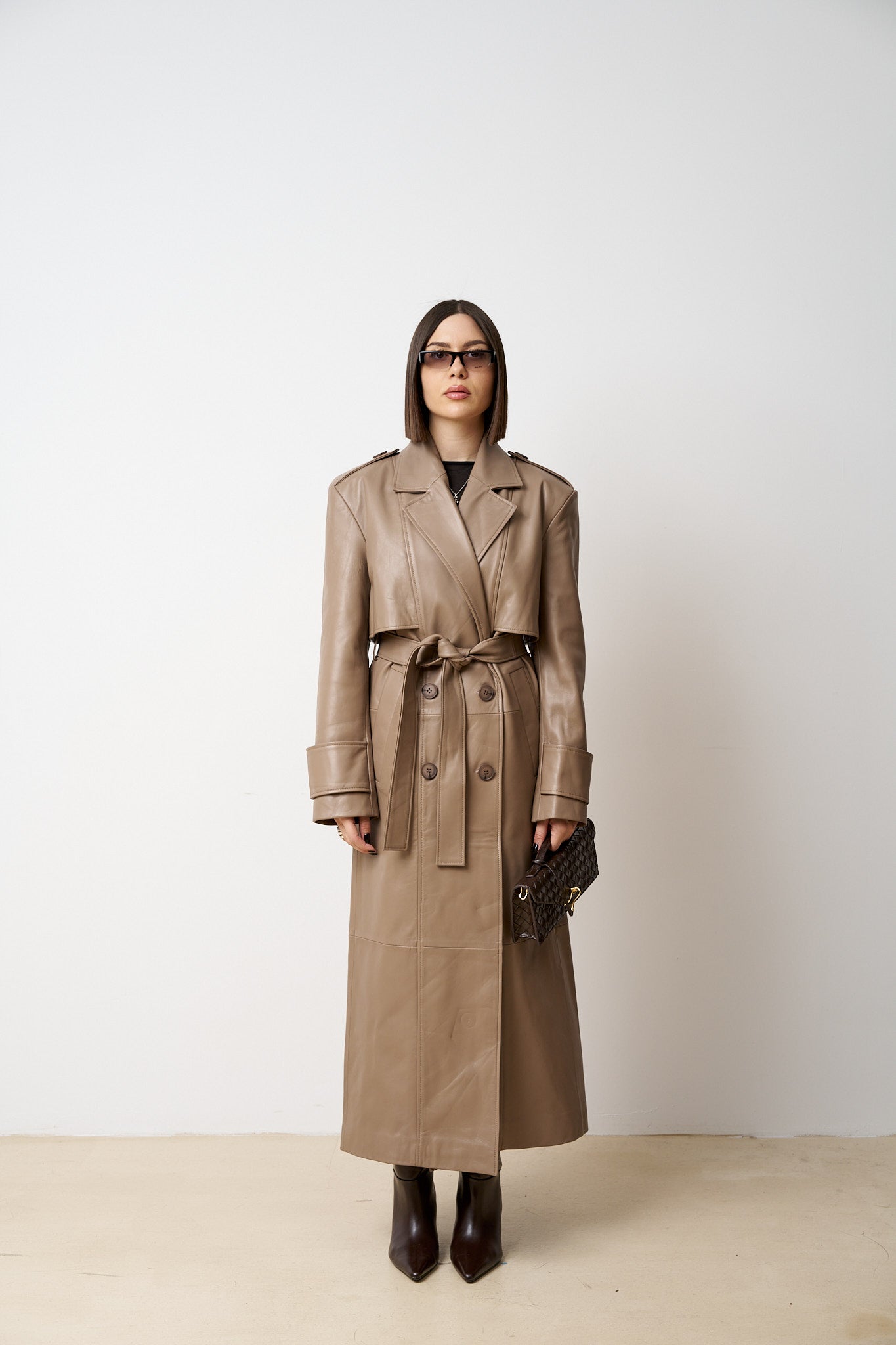 Women's Genuine Leather Trench Coat with Lapel Collar and Drawstring,
