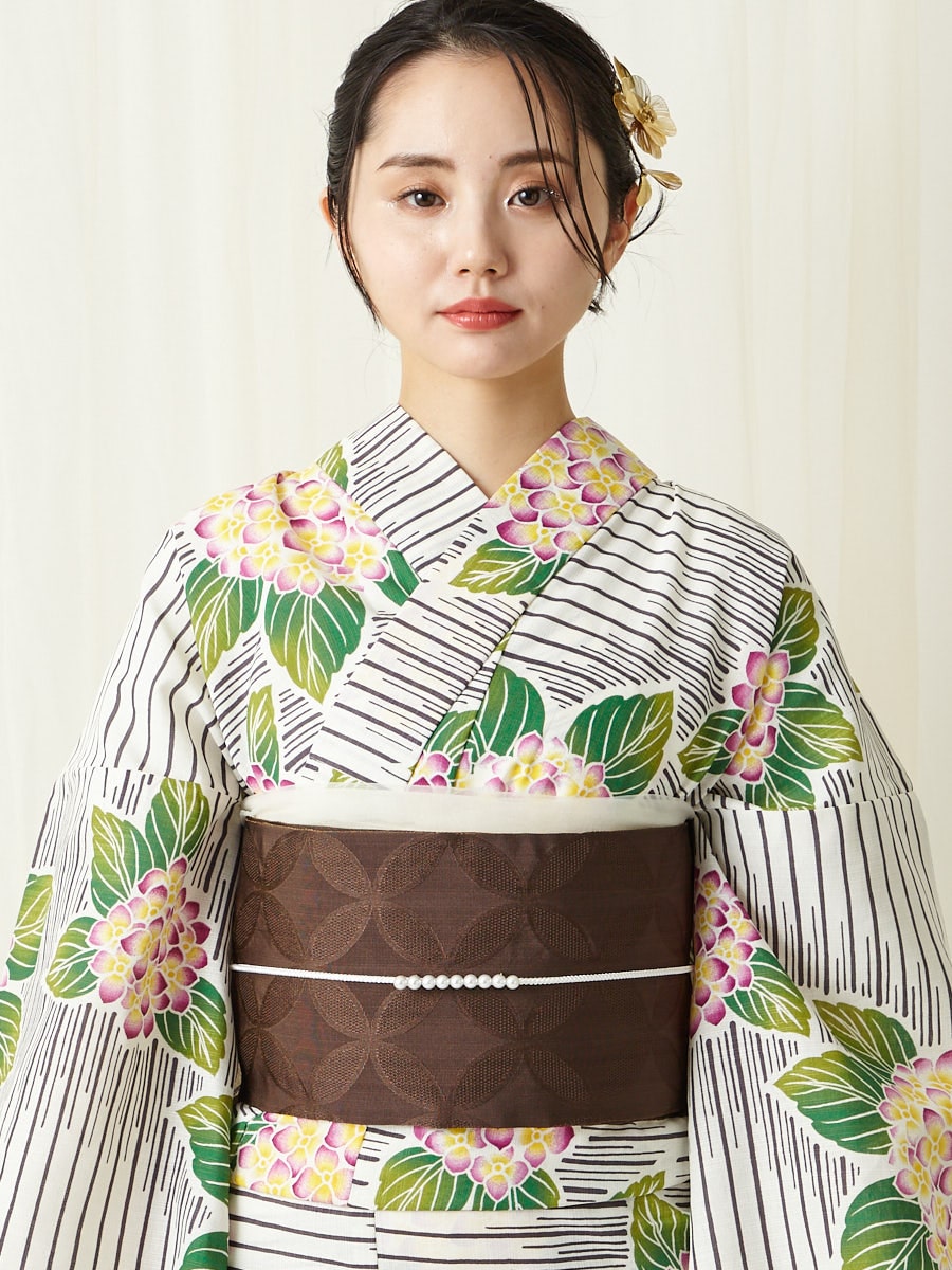 残りわずか】浴衣単品「あじさいボーダー」～Natural Furifu