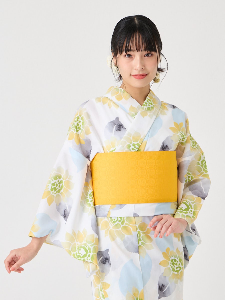 WEB限定】浴衣3点セット（浴衣「ハナウタ・水彩ひまわり」+ 半巾帯「花