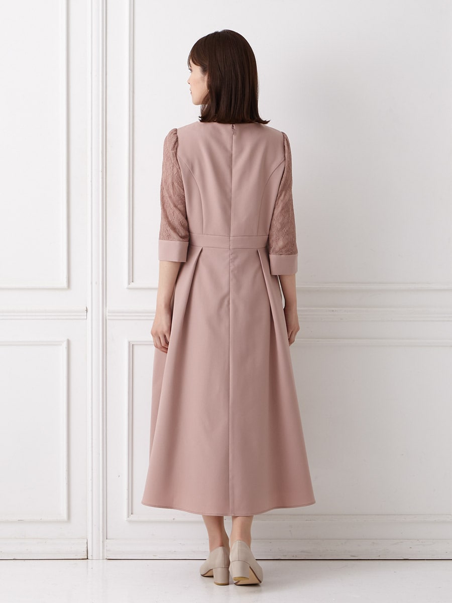 レース袖×ウエストタックフィット＆フレアワンピース(L ピンク): AIMER