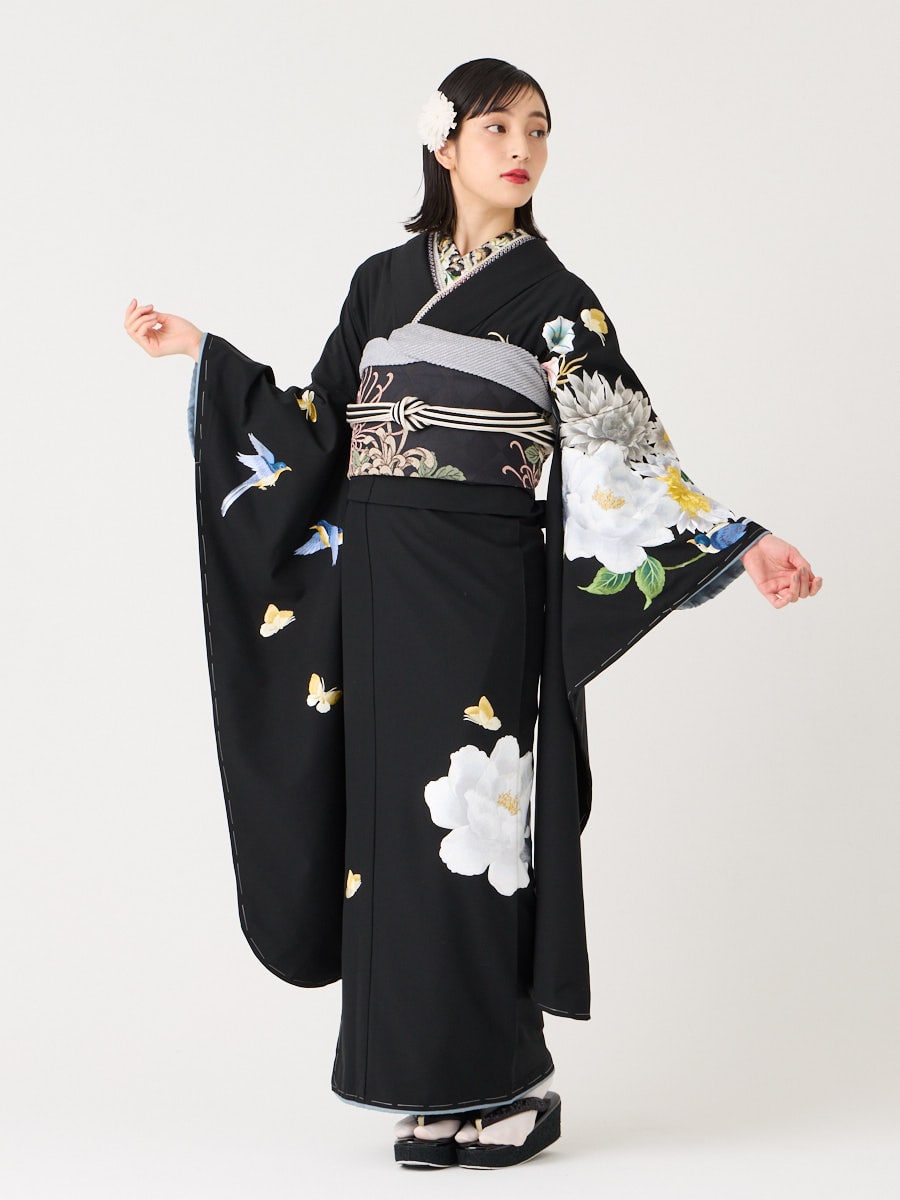 ラスト1点】振袖単品「 鳥蝶牡丹 」(FREE ブラック): ふりふ ｜ミマツ