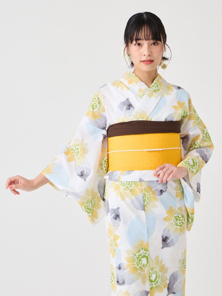 浴衣単品 「 ハナウタ 水彩ひまわり 」(FREE イエロー): ふりふ