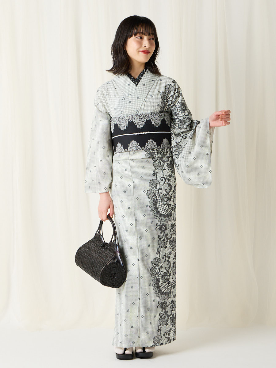 残りわずか】浴衣単品「 片寄せレース 」(FREE ライトグレー): ふりふ