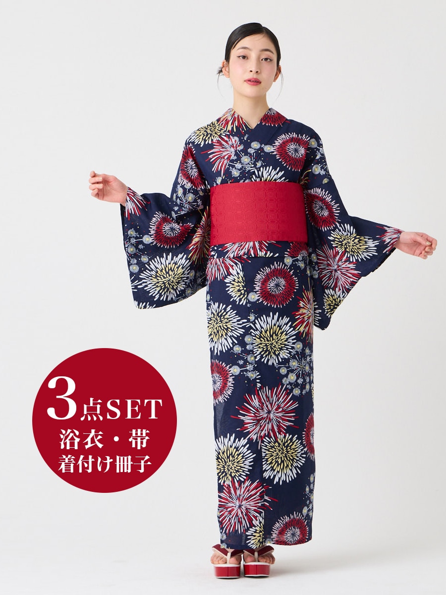 WEB限定】浴衣3点セット（浴衣「ハナウタ・夏空花火」+ 半巾帯「花七宝