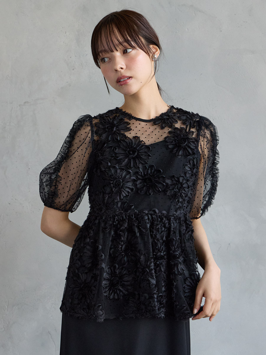 フロッキードット×3Dフラワー刺繍バックリボンペプラムブラウス(M
