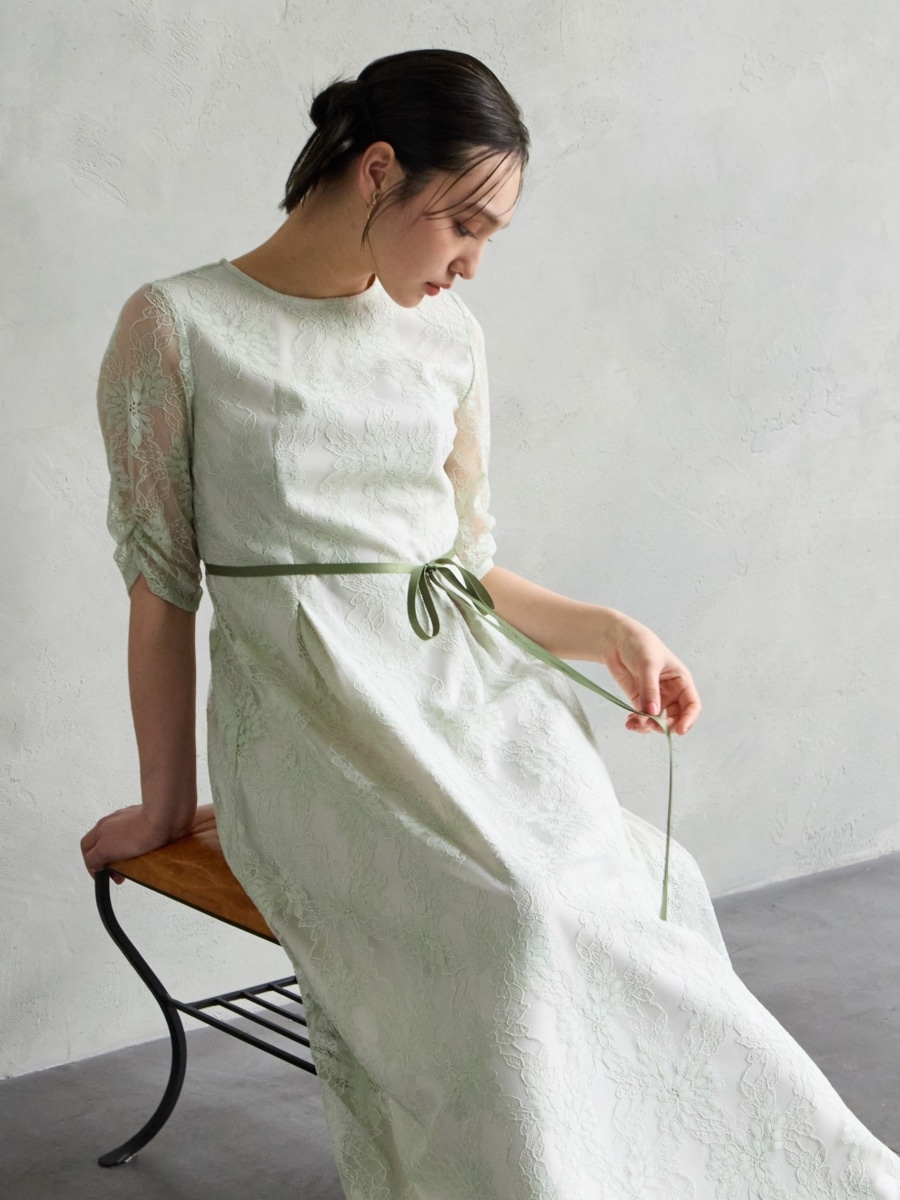 試着キャンペーン対象】サテンリボンベルトラメレースドレス(S ピンク