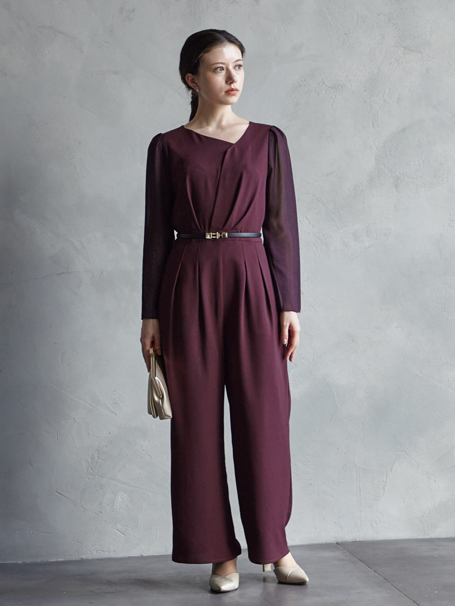 アシンメトリーネックラメスリーブパンツドレス(M ブラック): AIMER