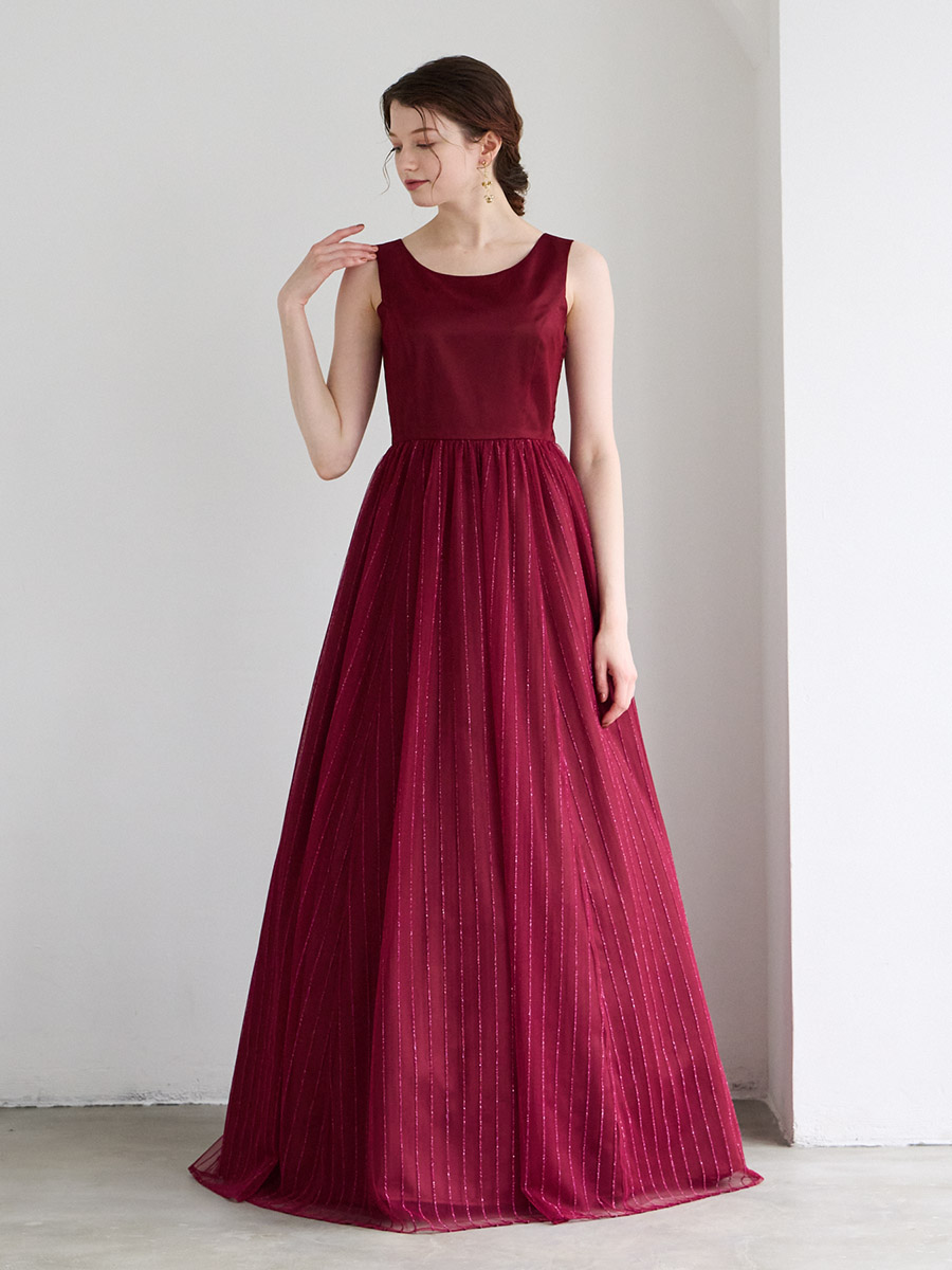 WEB限定】ストライプ柄ラメ刺繍チュールロングドレス(M ワイン): AIMER