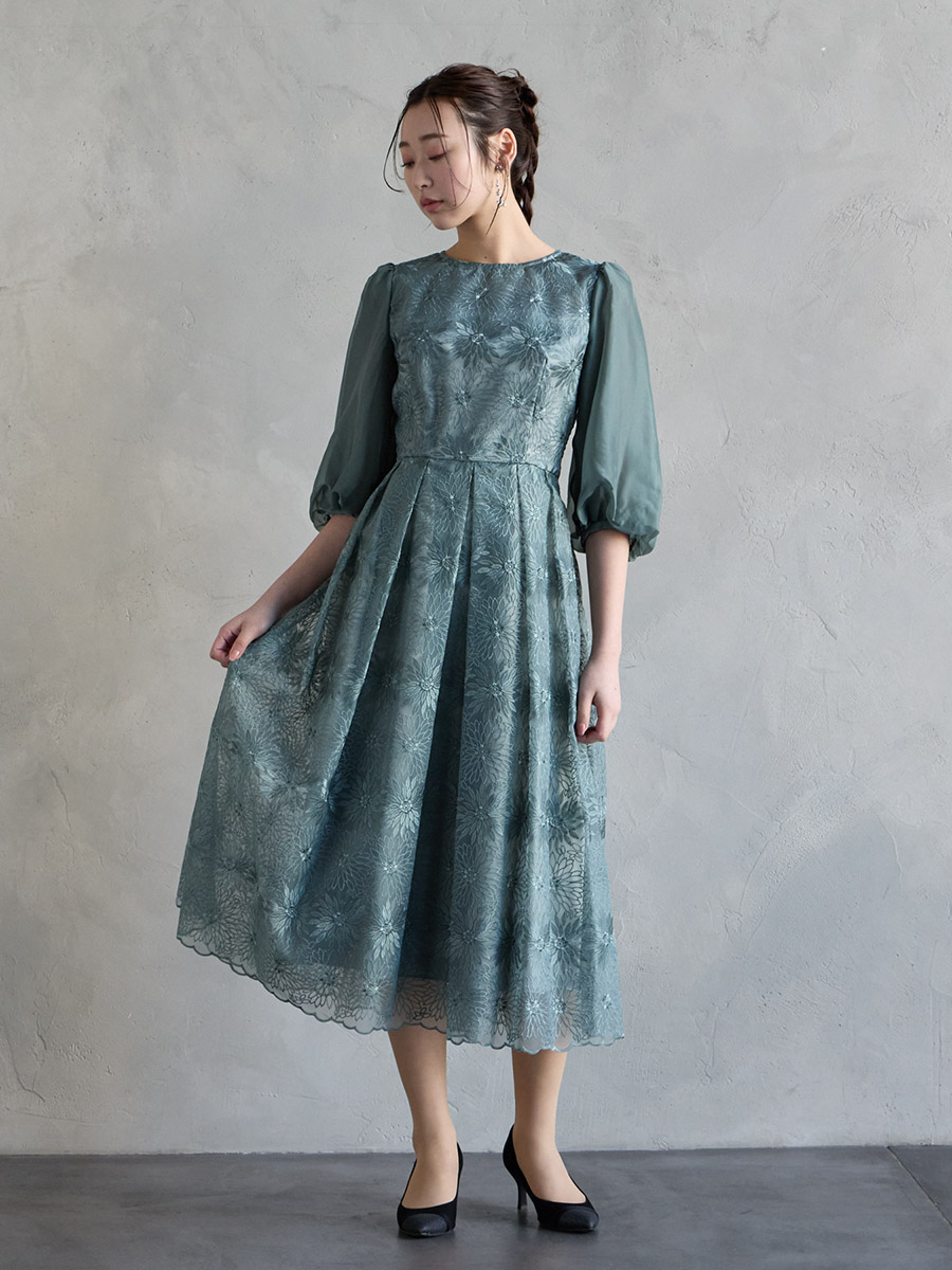 オーガンジー花柄刺繍ボリュームスリーブドレス(S ピンク): AIMER