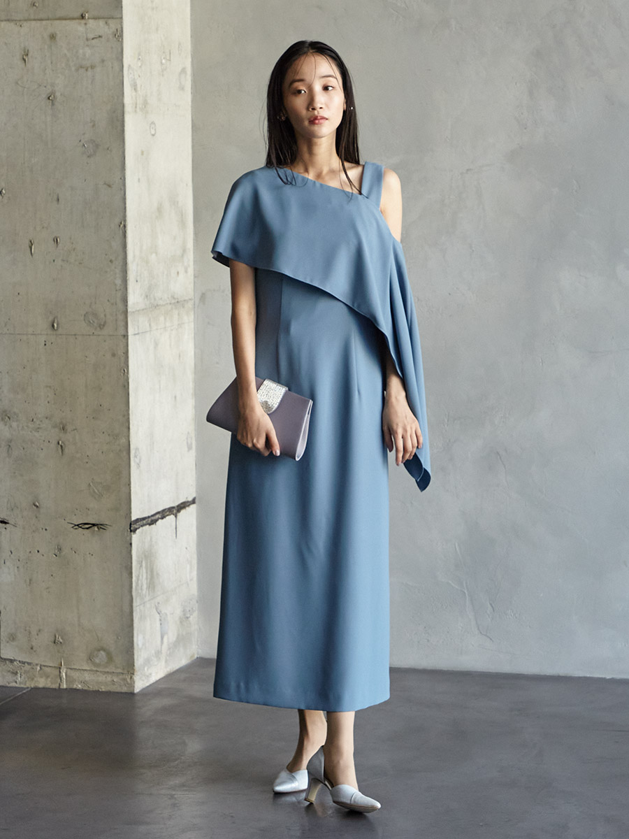 アシンメトリーケープ付タイトラインドレス (M ダルブルー): AIMER