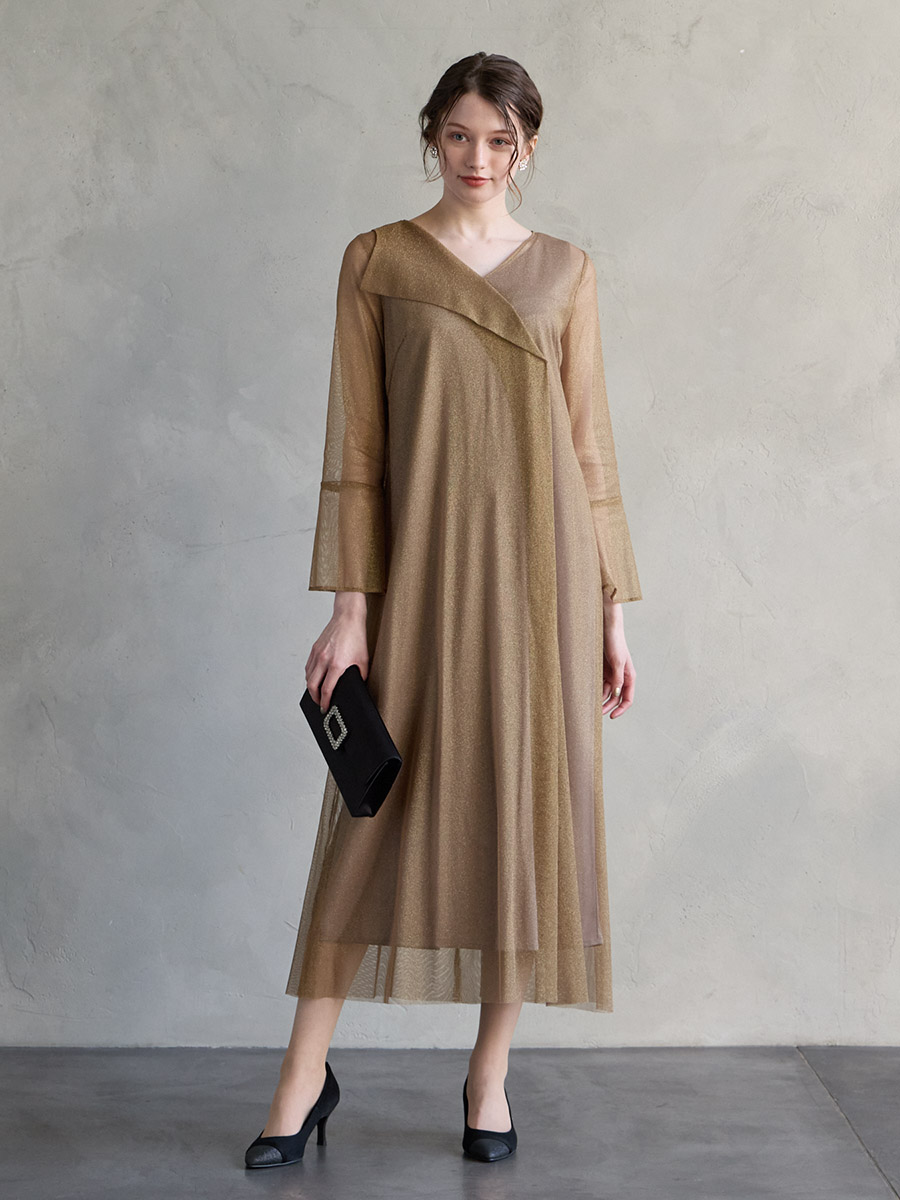 ラメレースアシンメトリービックカラーAラインドレス(M ブラック