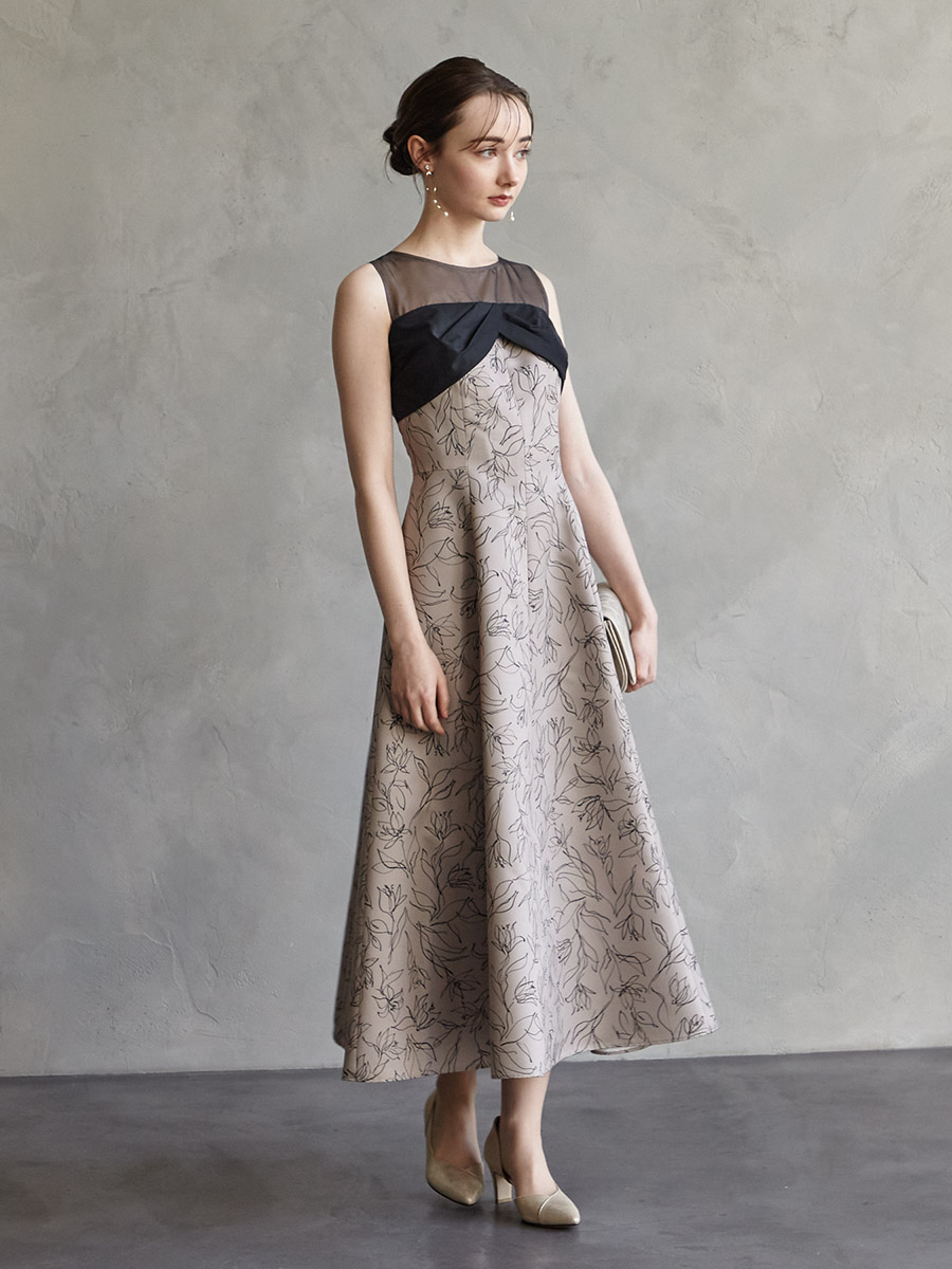 配色花柄プリントフィット＆フレアドレス (M モカ): AIMER | エメ