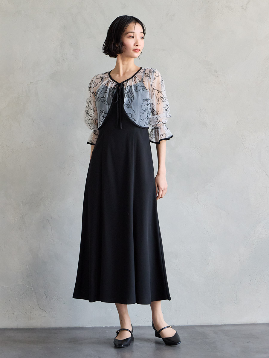 試着キャンペーン対象】2WAY線描フラワー刺繍ボレロセットドレス(S