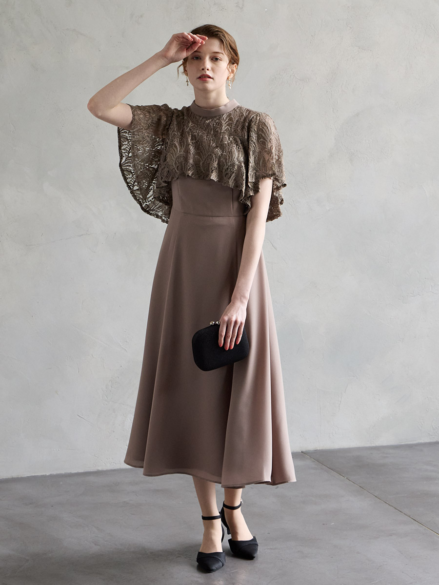 試着キャンペーン対象】レースケープ風スリーブフィット＆フレアドレス