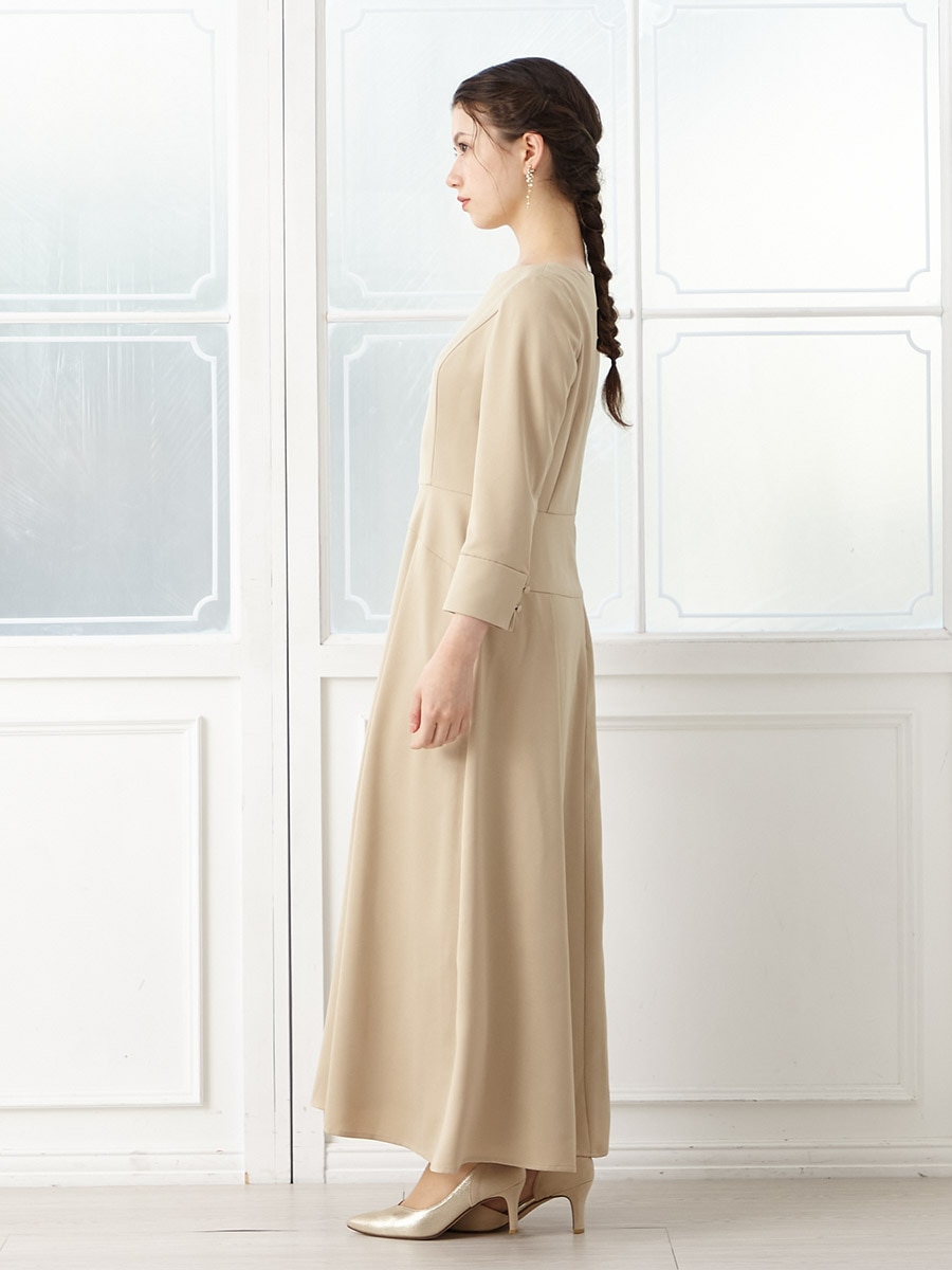 キーネック袖付きサテンフレアドレス(M ベージュ): AIMER | エメ