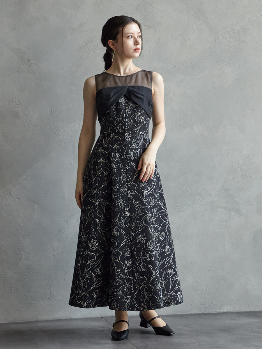 配色花柄プリントフィット＆フレアドレス (M モカ): AIMER | エメ