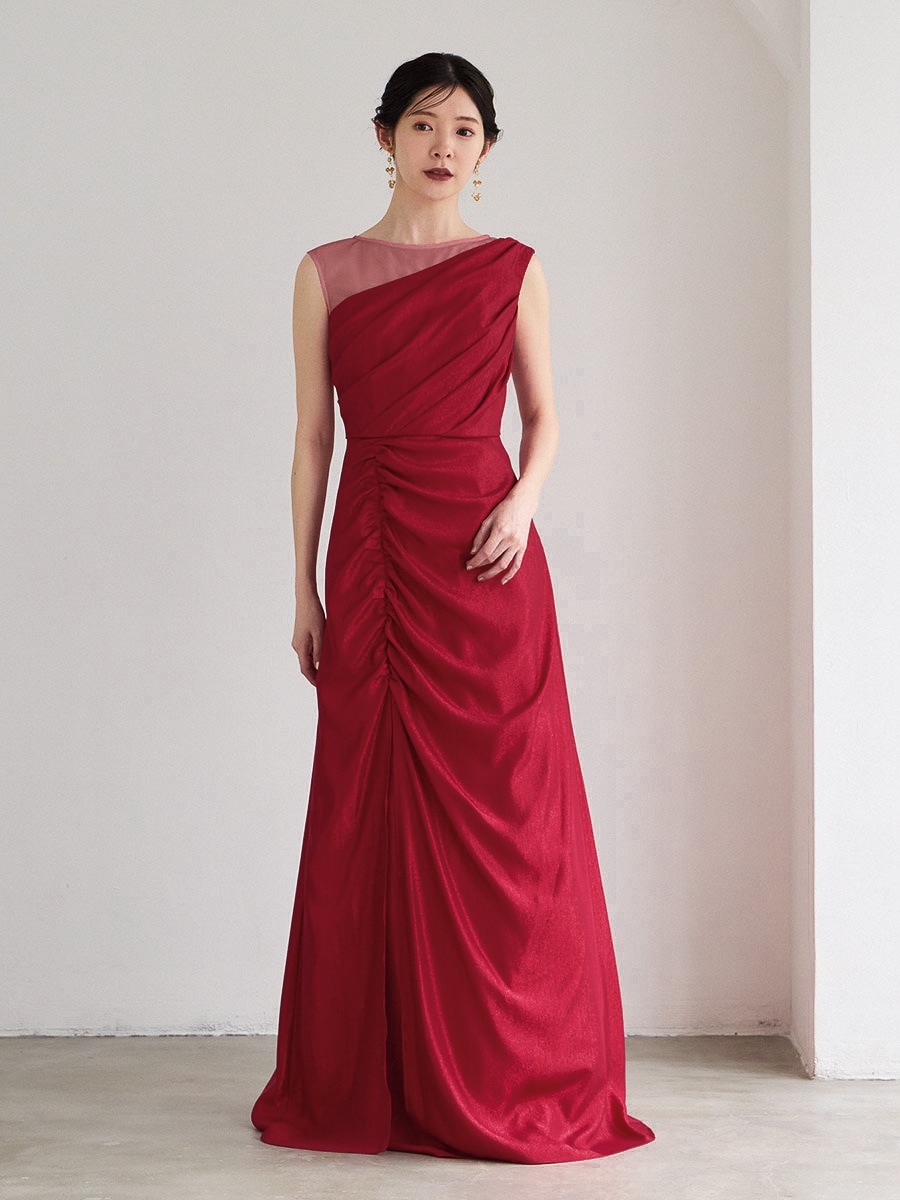 Veyra/ラメジョーゼットワンショルダー風スレンダーロングドレス(M