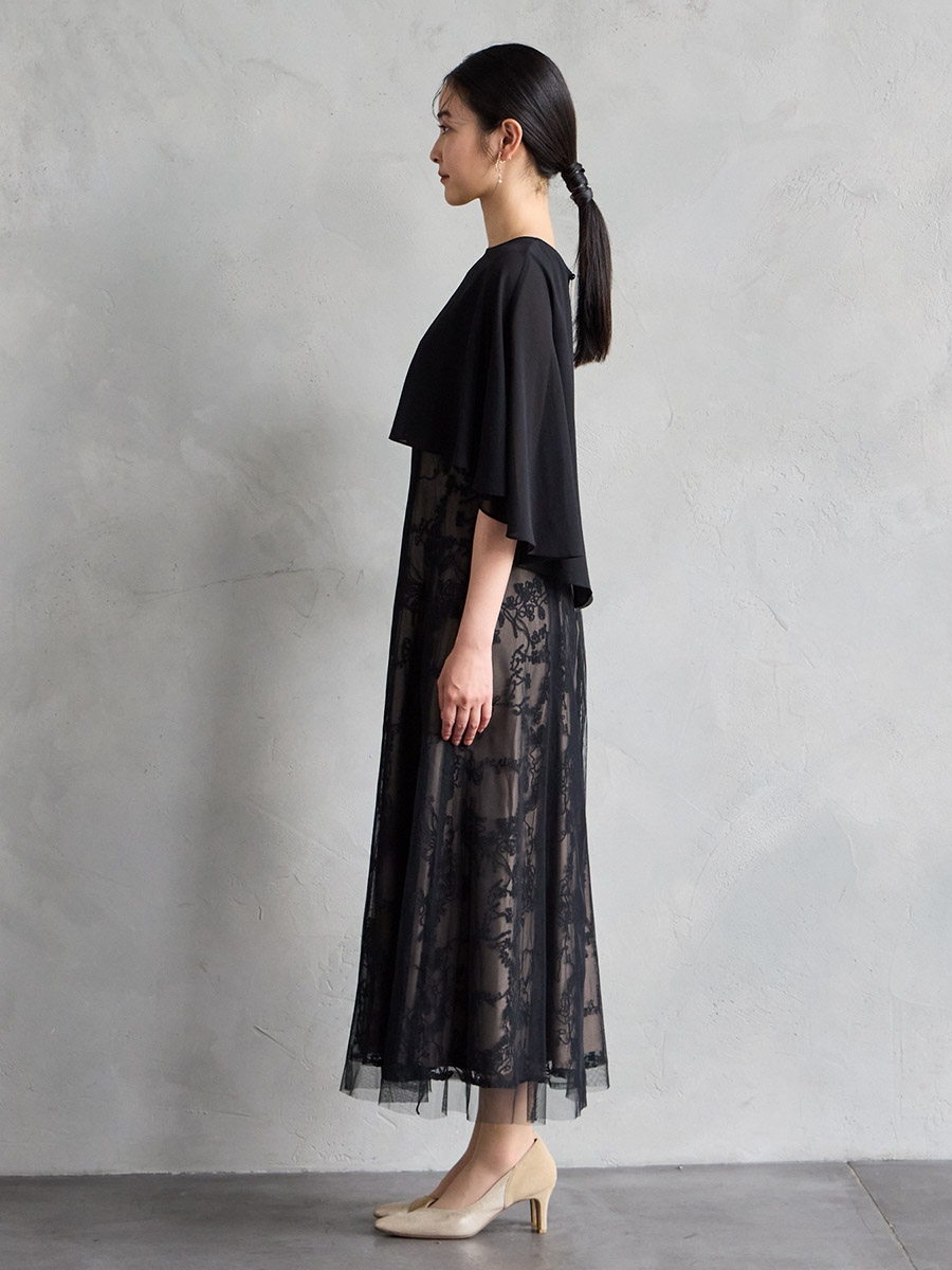 試着キャンペーン対象】ケープ付きチュールレース刺繍ドレス(M