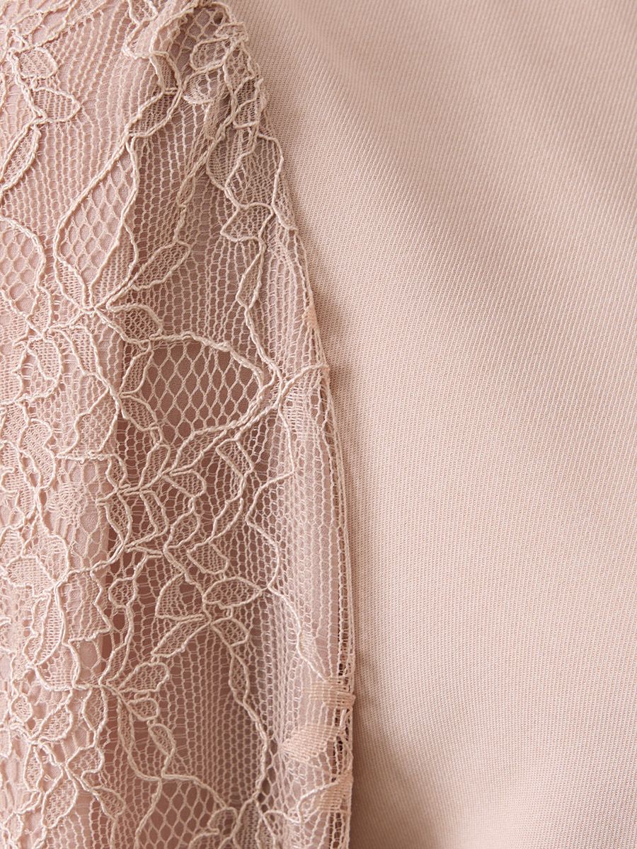 レース袖×ウエストタックフィット＆フレアワンピース(M ベージュ