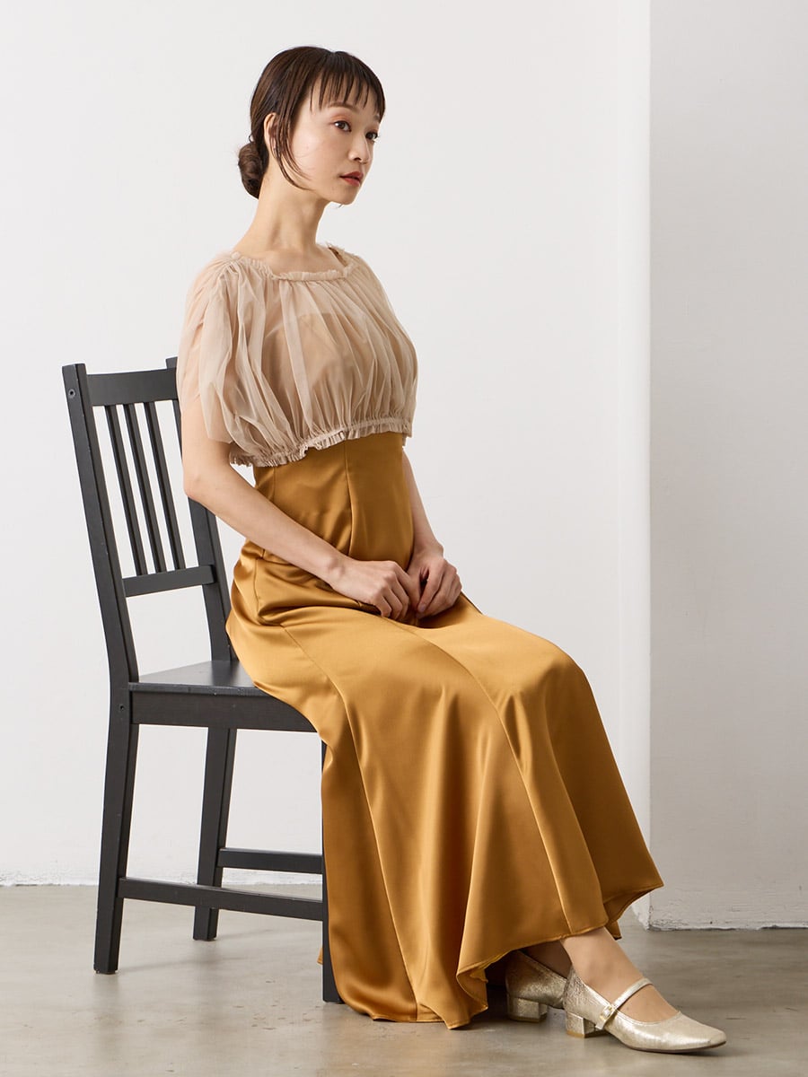 残りわずか】ブラウス付きソフトマーメイドアンクルドレス(M キャメル