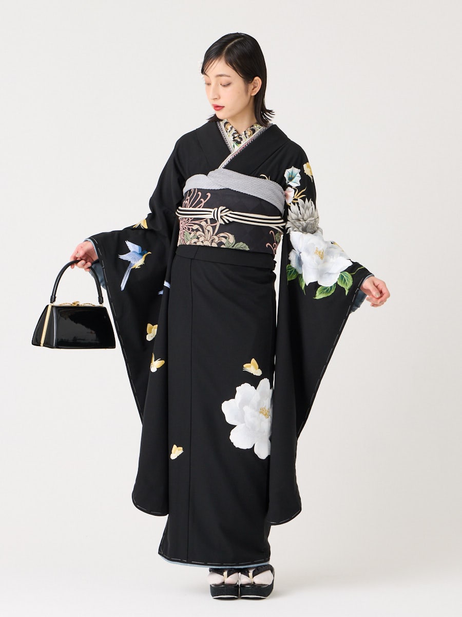 ラスト1点】振袖単品「 鳥蝶牡丹 」(FREE ブラック): ふりふ ｜ミマツ