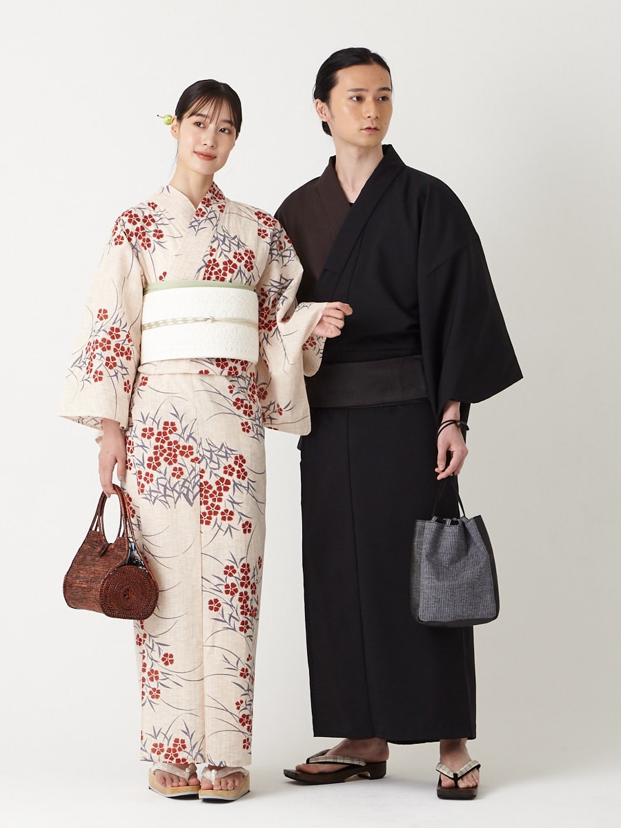 メンズ浴衣・帯 2点セット（ メンズ片見合わせ浴衣＋ 角帯 渦）(M