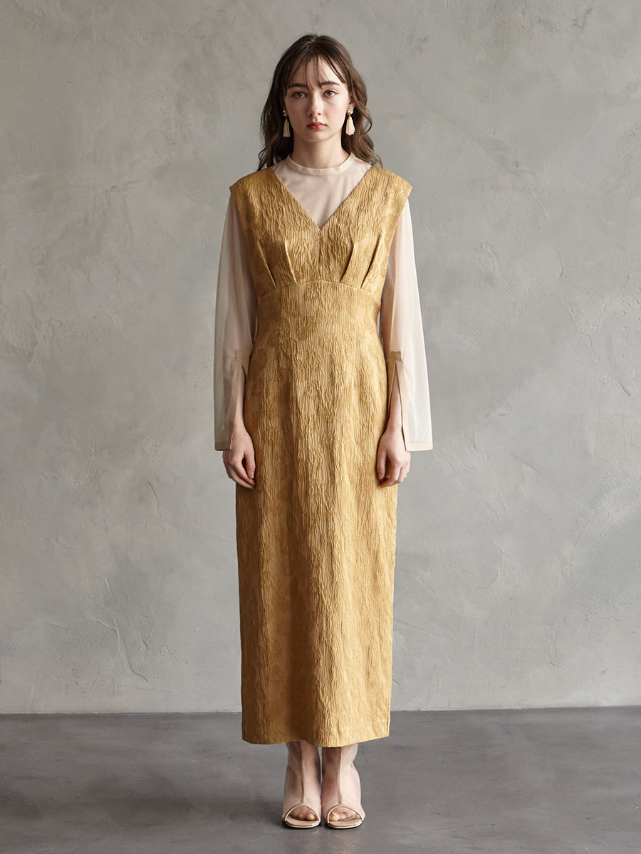 チュールブラウス付きジャカードIラインドレス(S イエローベージュ