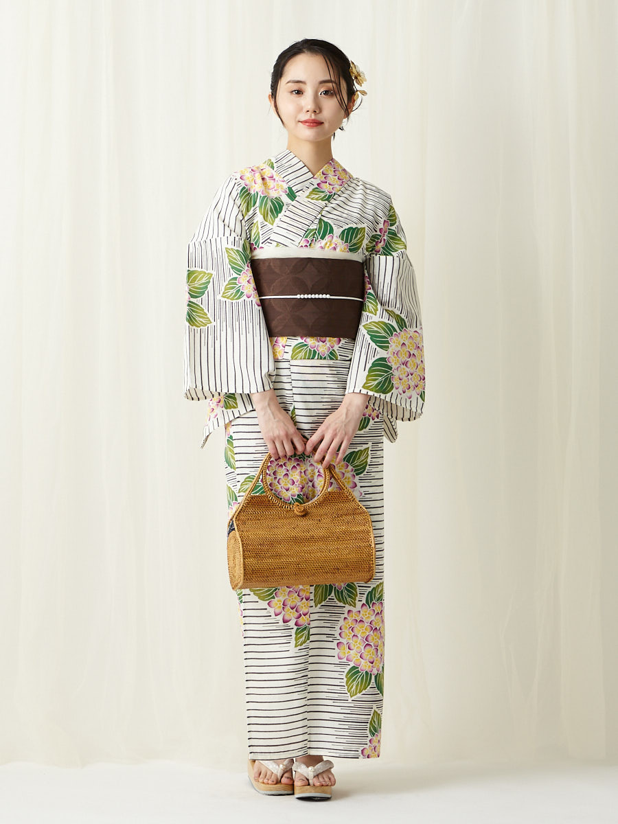 残りわずか】浴衣単品「あじさいボーダー」～Natural Furifu