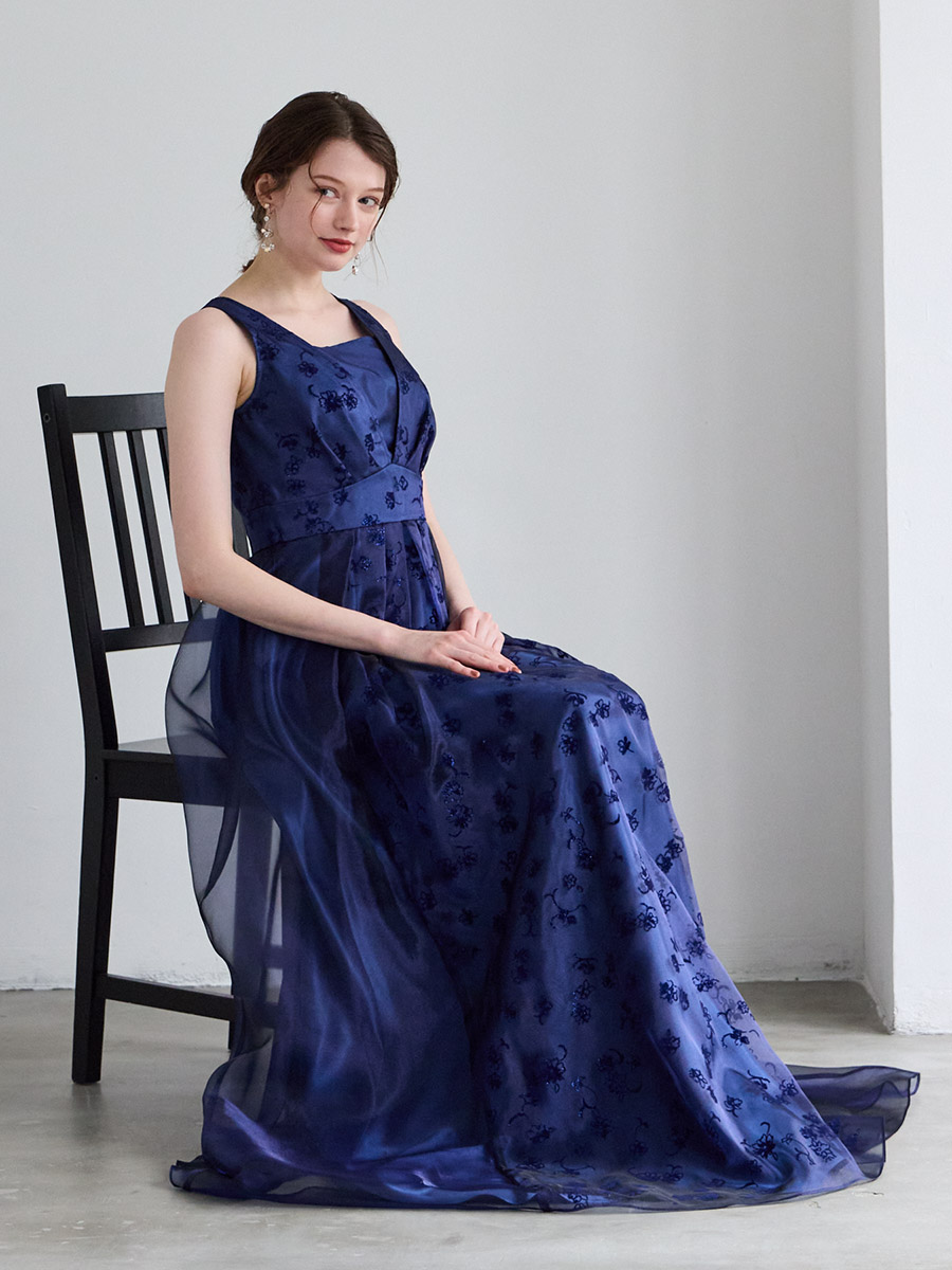 Roselle/オーガンジー×ラメフロッキーロングドレス(M ベリー): AIMER