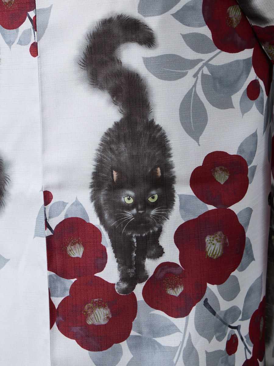 残りわずか】浴衣単品「 水墨猫 」(FREE ダークレッド): ふりふ