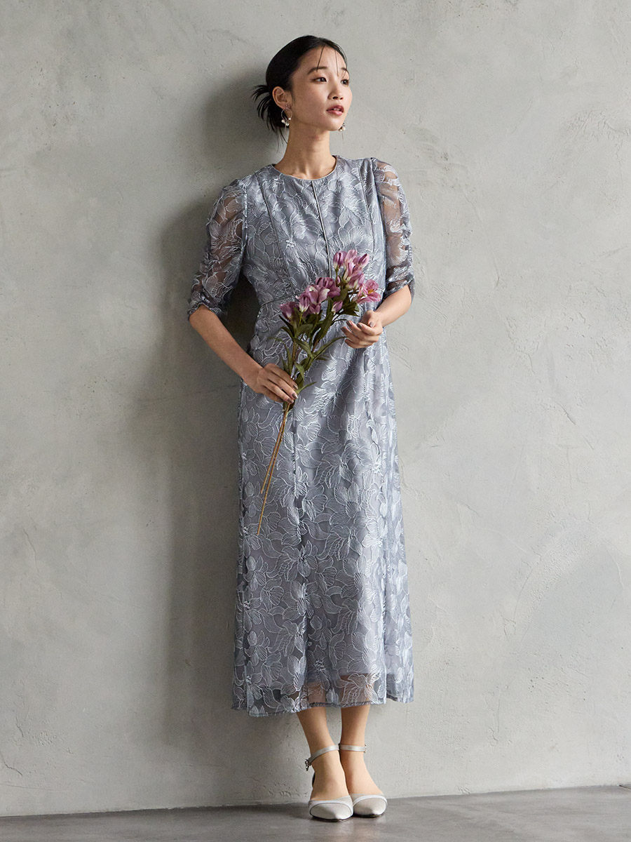 試着キャンペーン対象】エンブロイダリーチュールパイピングドレス(S