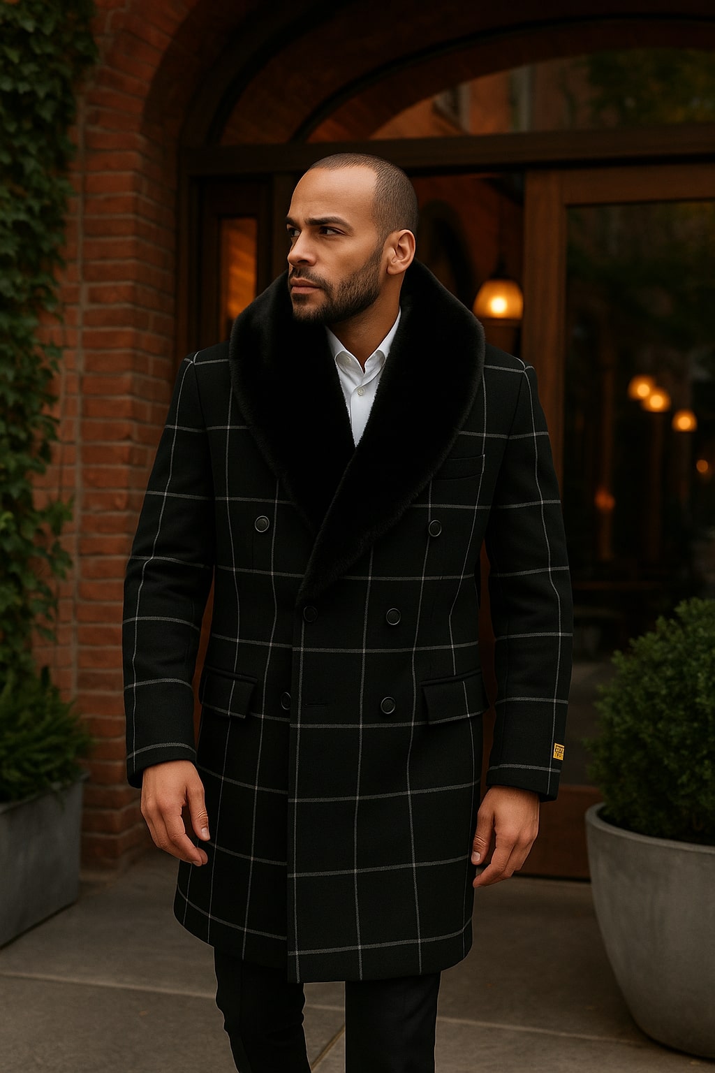 Coat Mens Black Windowpane Wool Overcoat with Faux Fur Shawl