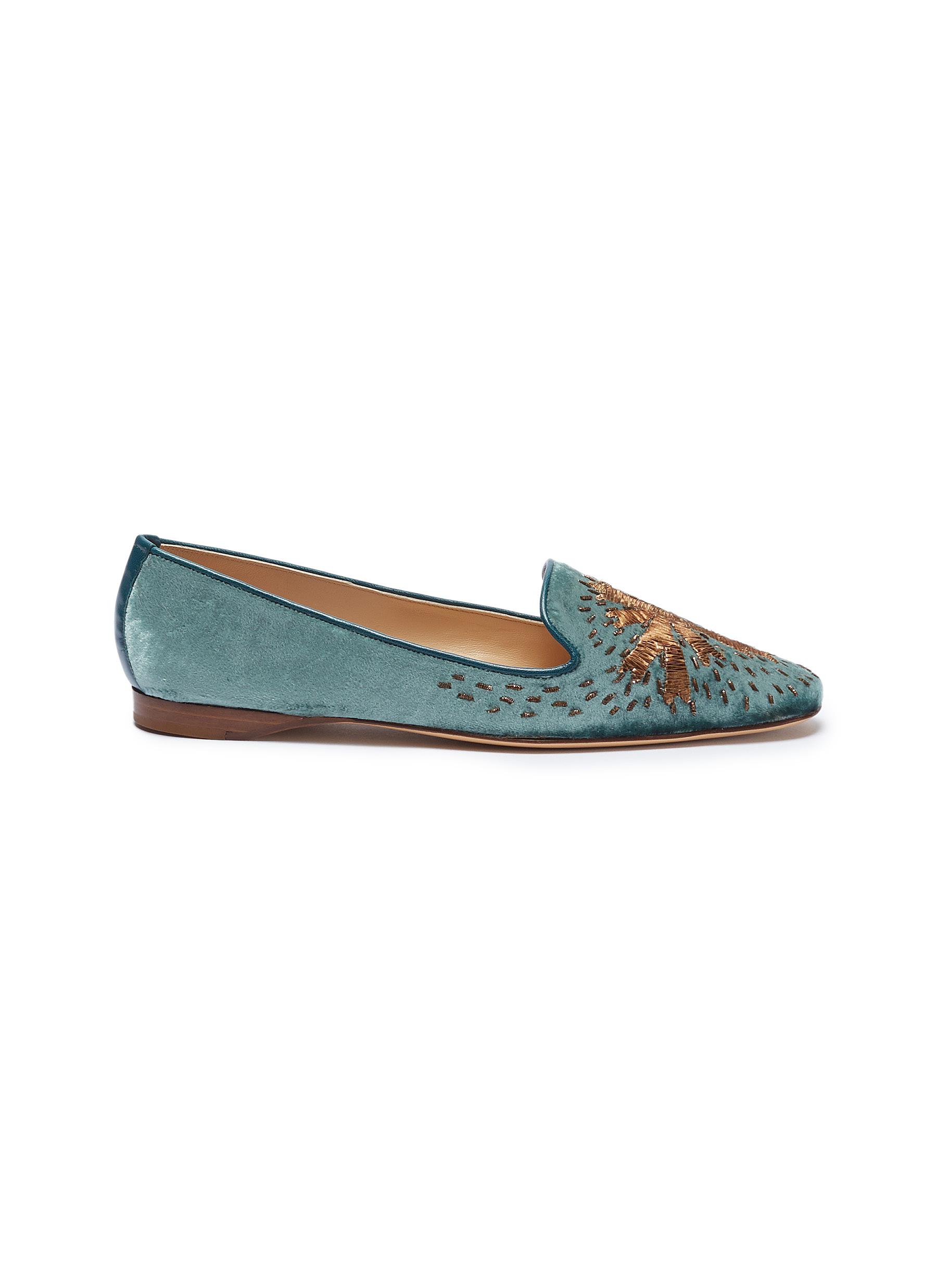 EMMA HOPE | Star embroidered velvet loafers | SEA GREEN | Women