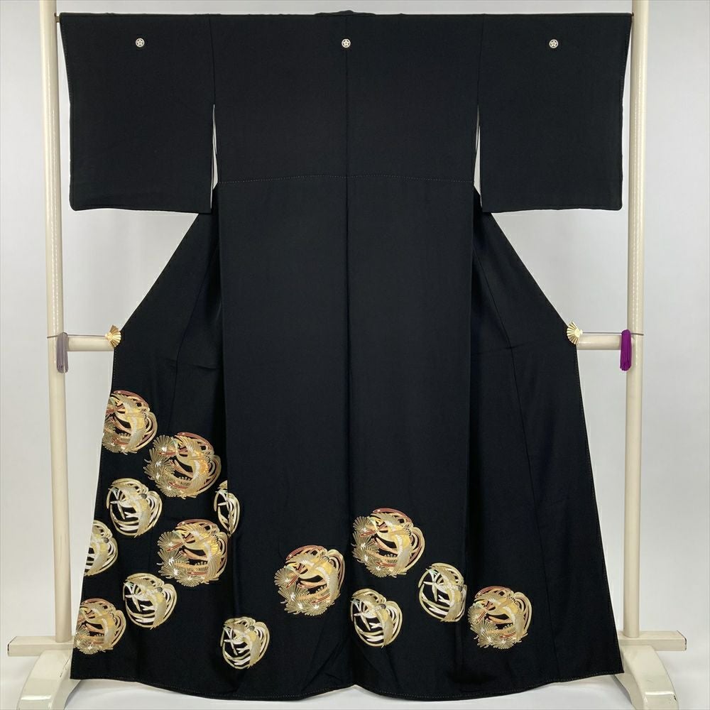 中古） 黒留袖 黒 フォーマル 鶴に松 袷 絹【身丈】160cm【裄丈】66.5cm