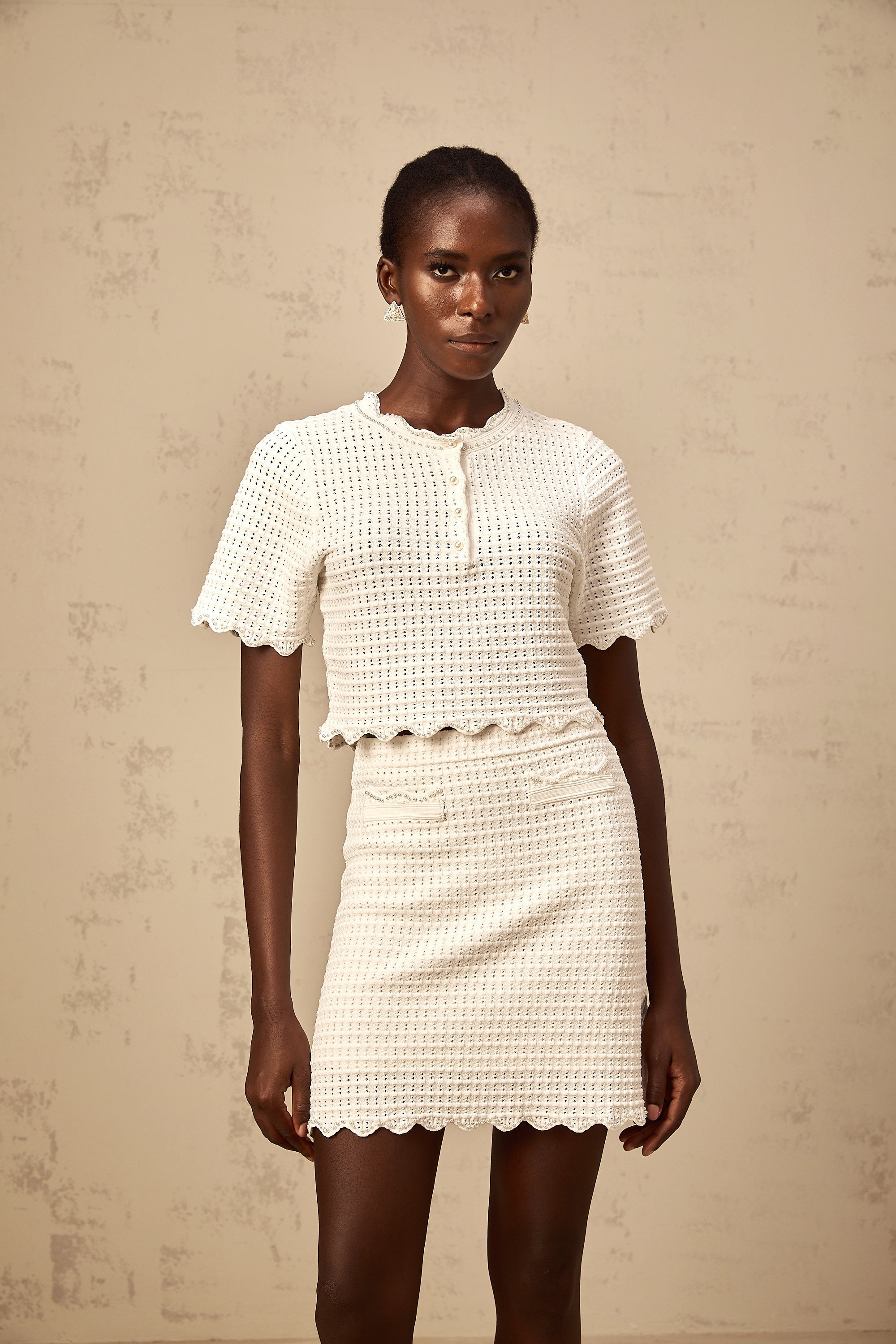 Maxanne cream-white ruffled pointelle-knit top & skirt matching set