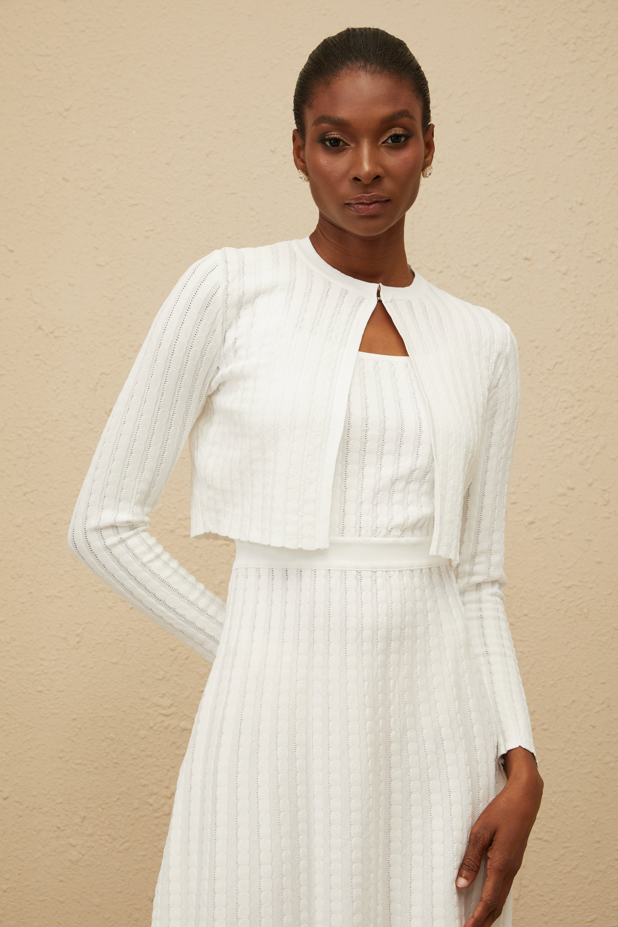 Clémence White Ribbed Knit Cardigan