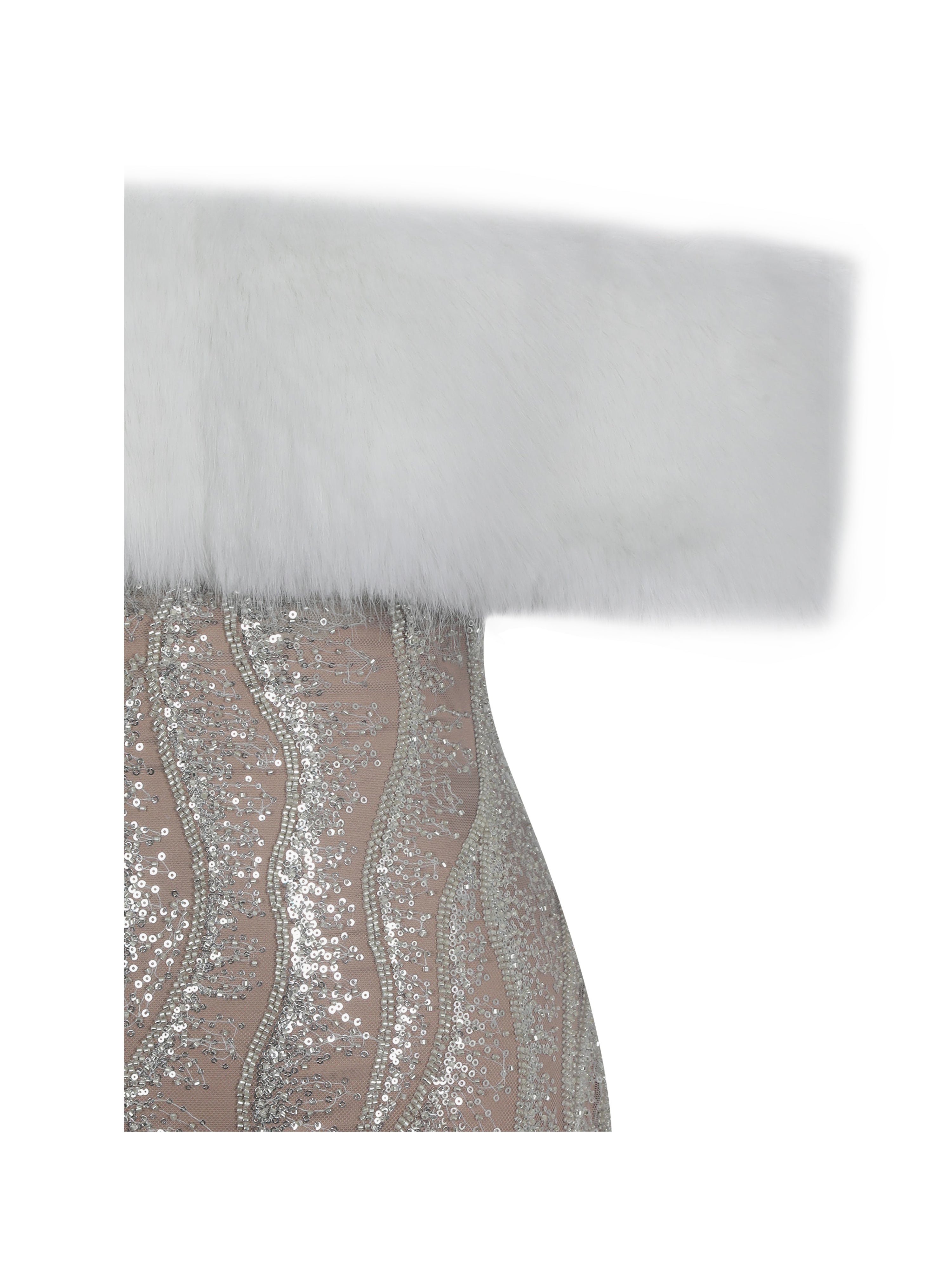Averie White Fur Off-Shoulder Beige Sequin Mini Dress