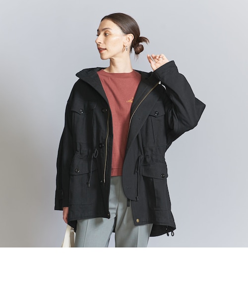 quaranciel: ポリエステル フェイク ファー ボア フーデッド コート