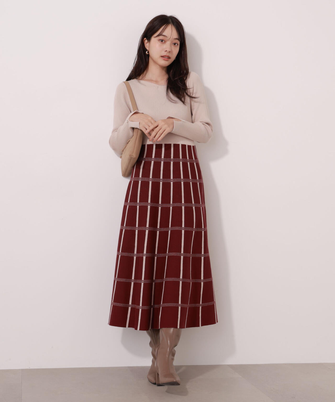 チェック柄ジャガードニットワンピース【ボルドー：official site限定