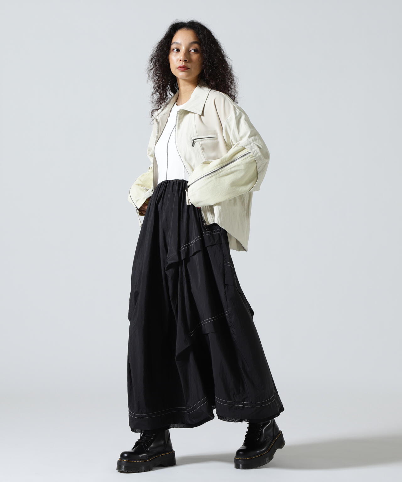 アウラアイラ 2wayマキシ丈ワンピース 黒 異素材 ツイード