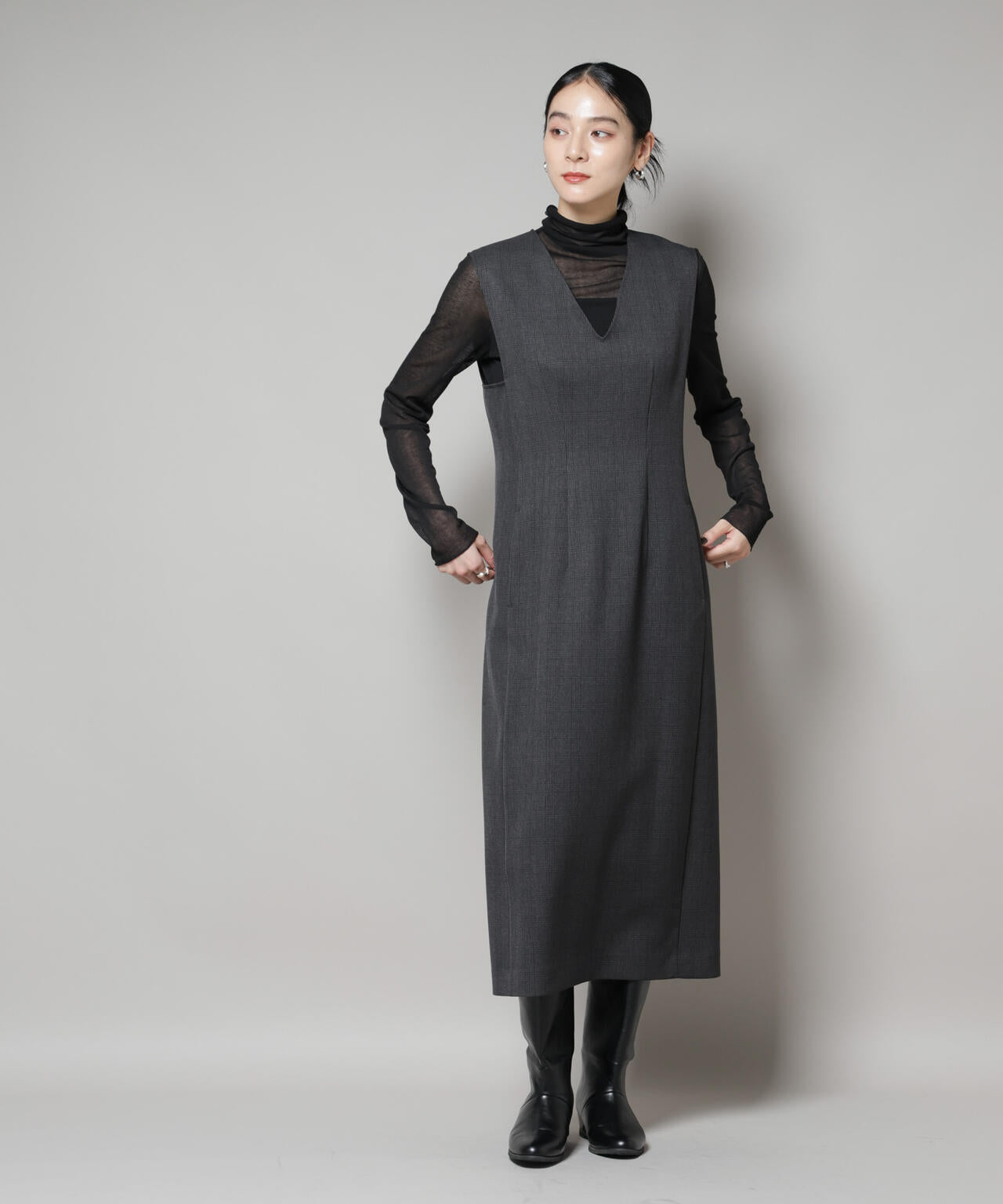 ストレッチサージチェックVネックワンピース(セットアップ可) | NANO