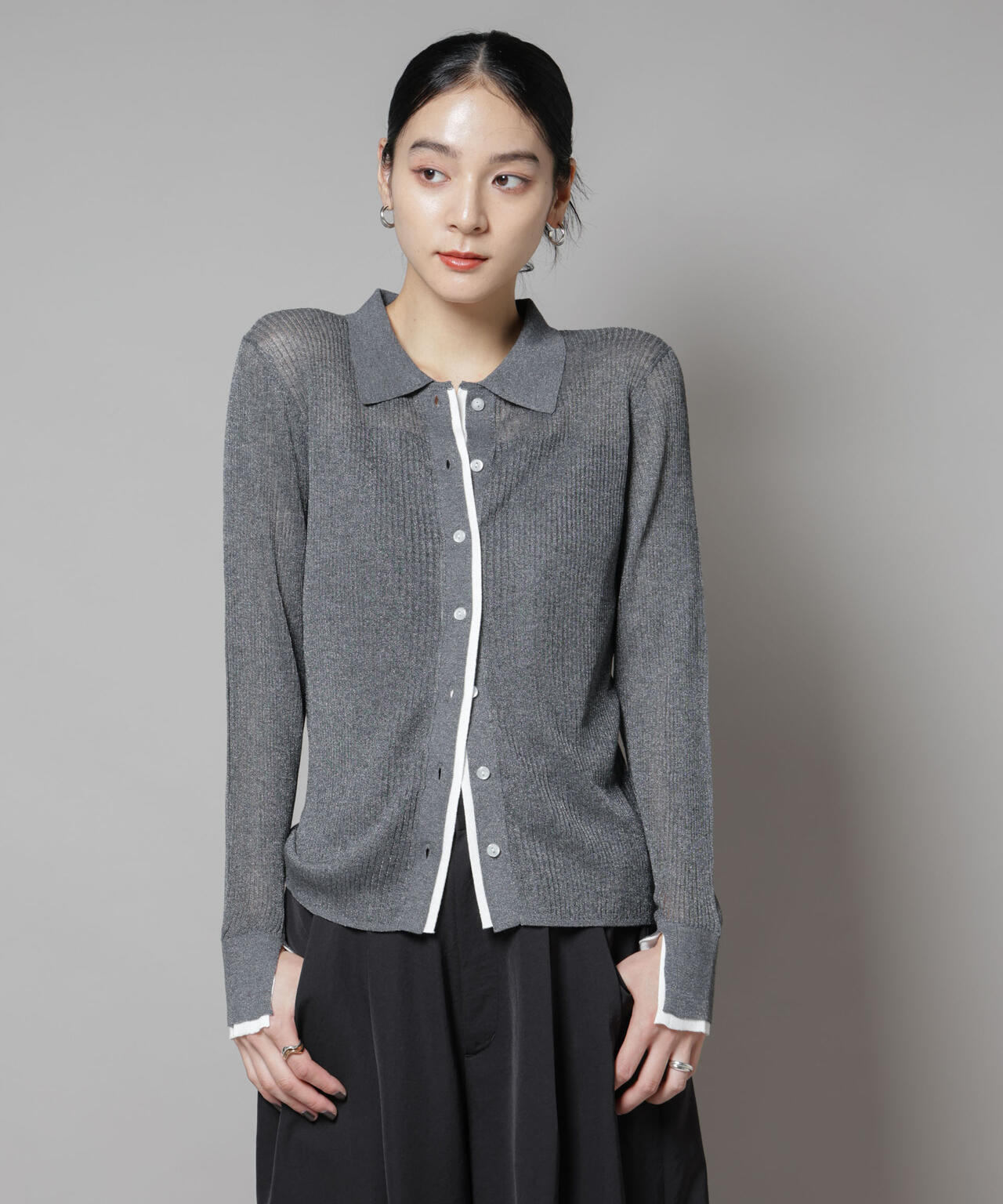 バイカラーシアーリブ衿付きカーディガン | NANO universe（ナノ