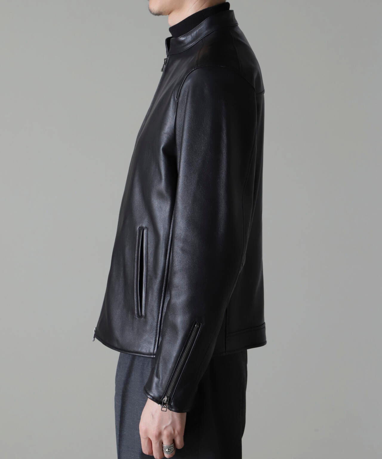 バンドカラーレザーシングルライダースジャケット | NANO universe