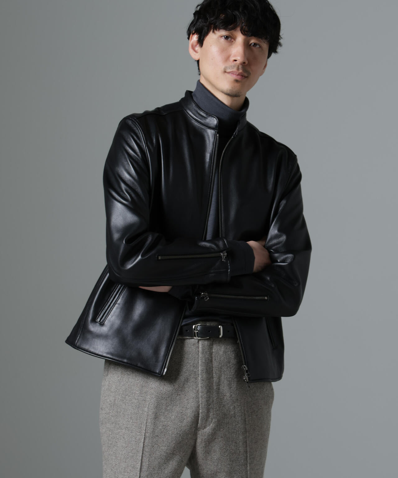 バンドカラーレザーシングルライダースジャケット | NANO universe