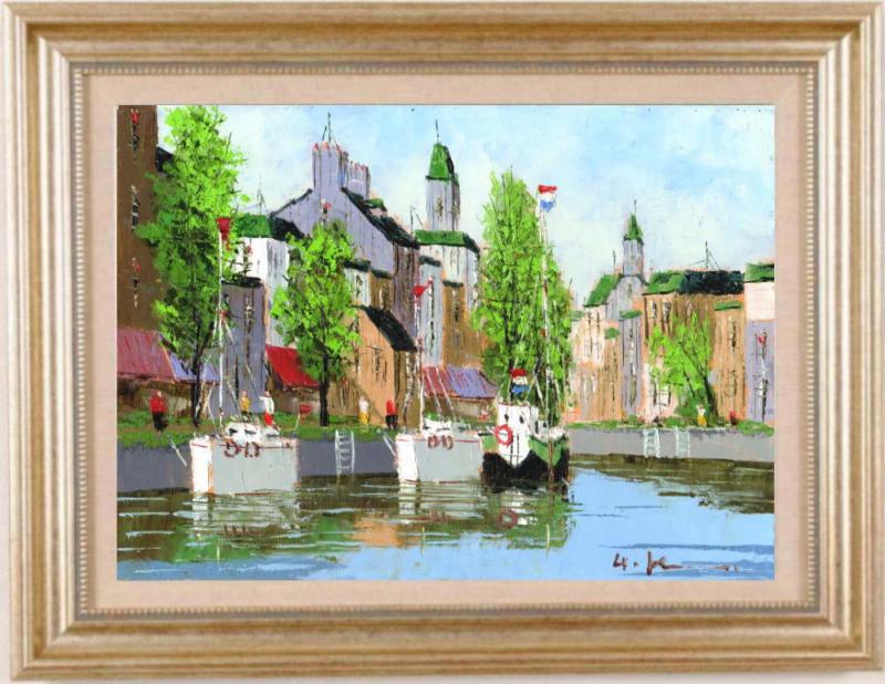油絵の絵画で黒沢久が描いたオランダの風景画の油絵「河畔の街」を通販