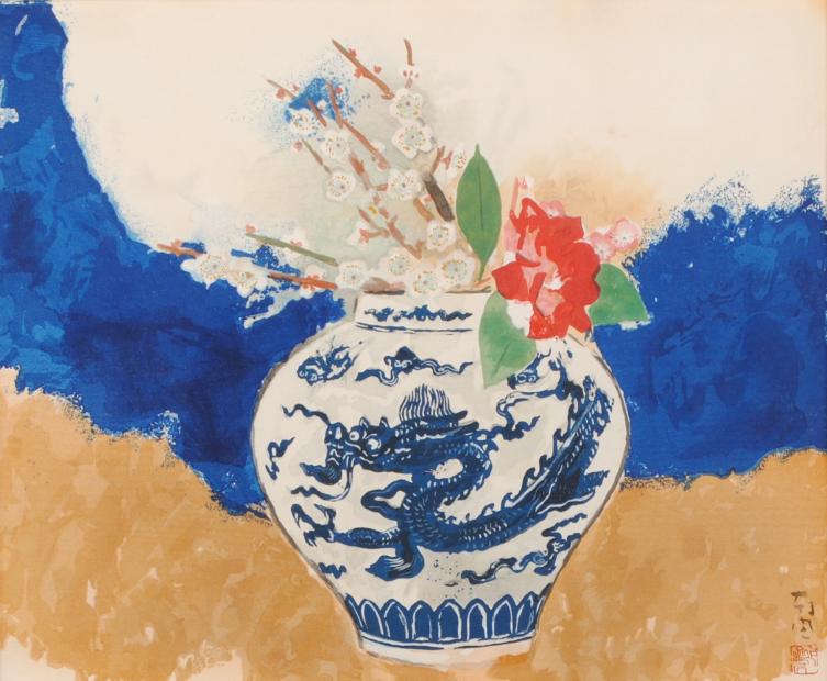 堅山南風が木版画で制作した和の花の絵画「龍の花瓶」を通販で販売