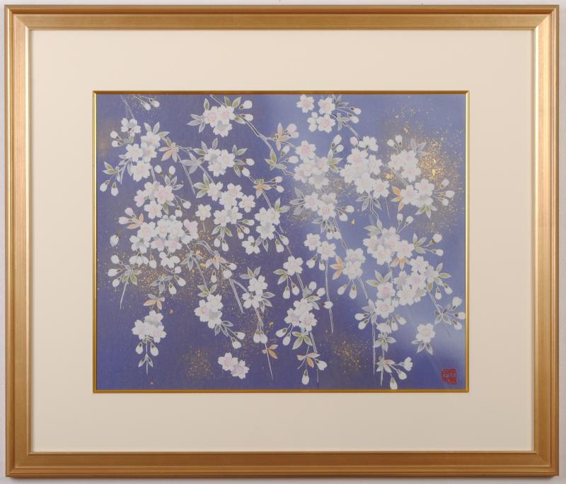 桜の絵画をシルクスクリーンの版画で制作した宇野千代の和の桜の絵「夜